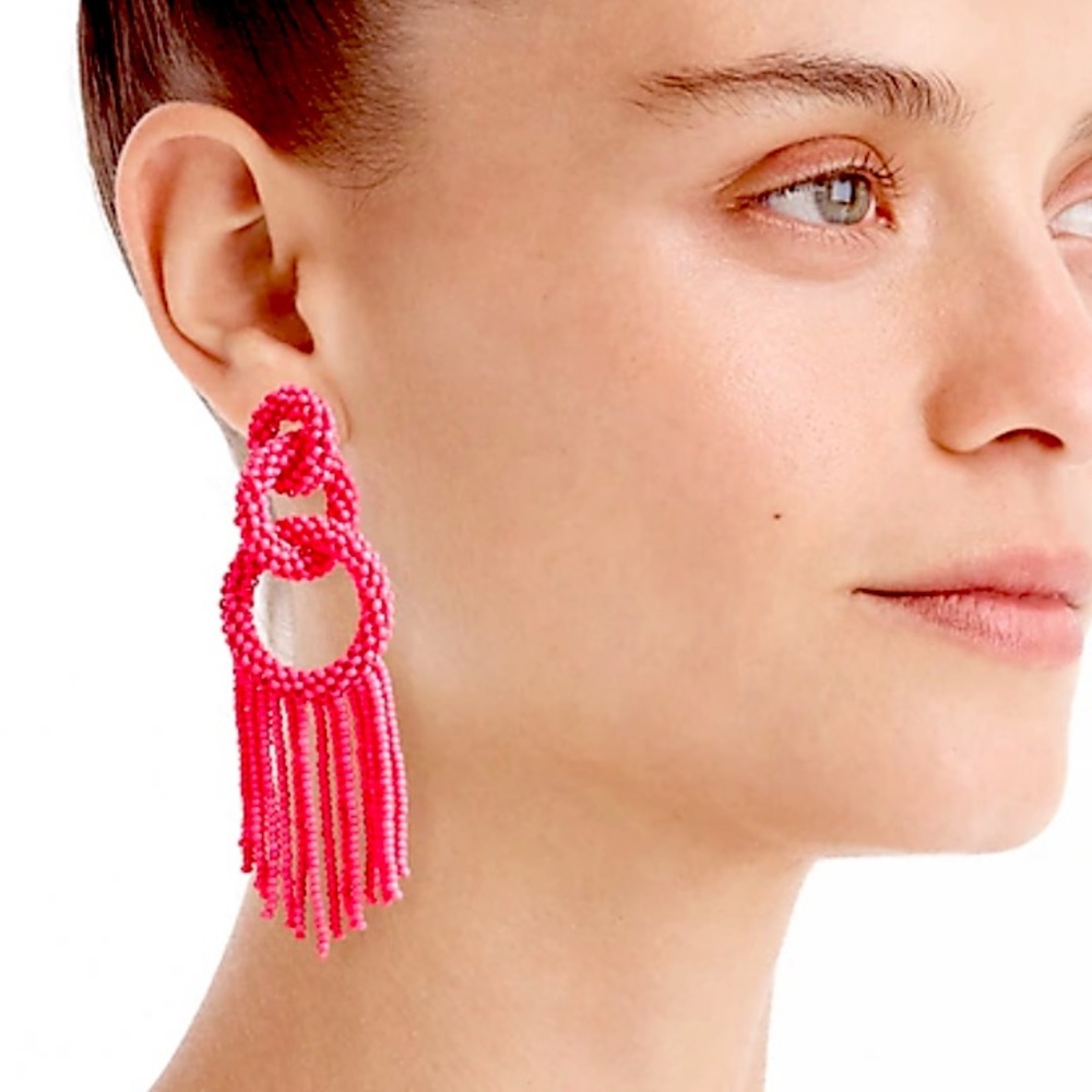 J.CREW Beaded Fringe Earrings NWT Bright Pink